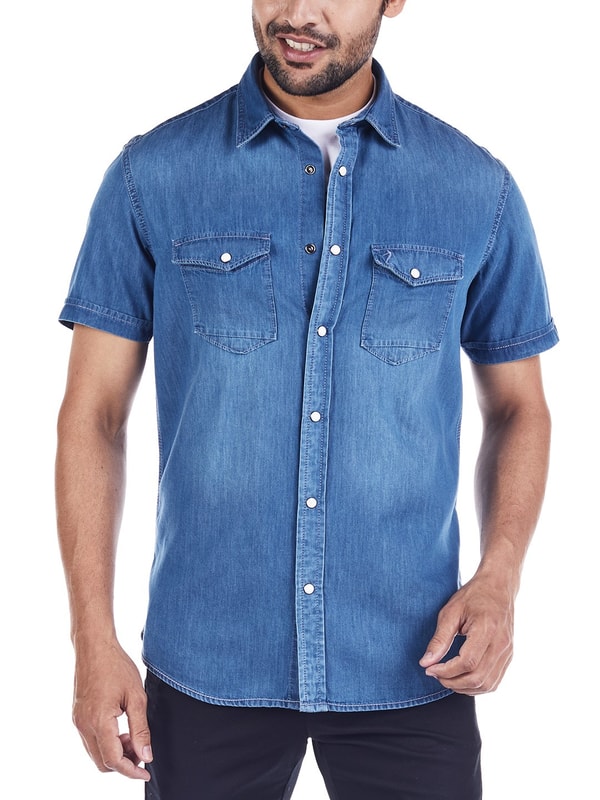 Lite Indigo Short Sleeves Solid Cotton Shirt